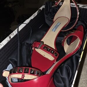Prada Red Silver Tone Studded Kitten Heels Size 6 Size 36 NIB